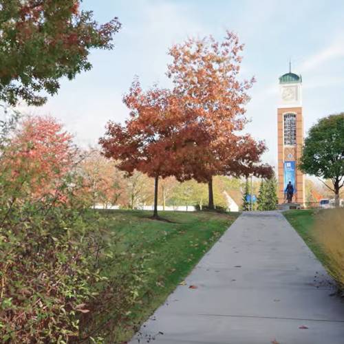walking path with trees and Carillon tower in background